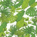 Seamless pattern with tropical plants and flowers