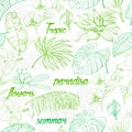 Seamless pattern with tropical plants and flowers