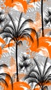 Seamless pattern with tropical plants and palm tree silhouettes with gray leaves