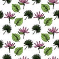 A seamless pattern of a tropical strelitzia flower, palm trees, and leaves. Hand-drawn doodle-style elements, bright Royalty Free Stock Photo