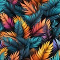 Seamless pattern tropical texture with colorful palm leaves. Bright rainbow Hawaiian ornament for textiles