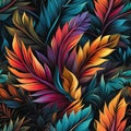 Seamless pattern tropical texture with multicolored palm leaves on a bright colored background. Rainbow Hawaiian