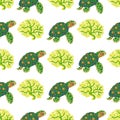 Seamless pattern with tropical turtle and coral