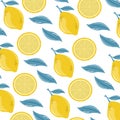 A Seamless pattern and Tropical seamless pattern with yellow lemons. Fruit repeated background. Vector bright print for fabric or Royalty Free Stock Photo