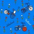 Seamless pattern with tulips and bicycles