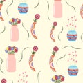 Seamless pattern of tulips, chamomile and other flowers in figured vase. Plants for decoration, spring flowers. Flowers