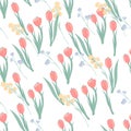 Seamless pattern with tulips and other wild spring flowers, flat vector on white.