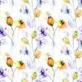 Seamless pattern with Tulips, Poppy and Sweet pea flowers Royalty Free Stock Photo