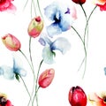 Seamless pattern with Tulips, Poppy and Sweet pea flowers Royalty Free Stock Photo