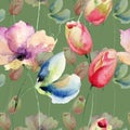 Seamless pattern with Tulips and Sweet pea flowers Royalty Free Stock Photo