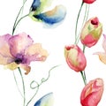 Seamless pattern with Tulips and Sweet pea flowers Royalty Free Stock Photo