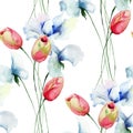 Seamless pattern with Tulips and Sweet pea flowers Royalty Free Stock Photo