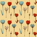 Seamless pattern with tulips, vintage, grunge background. Perfect for print on fabric, wrapping paper etc. Royalty Free Stock Photo