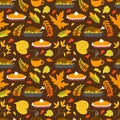 Seamless pattern with turkey, pumpkin pie and autumn foliage Royalty Free Stock Photo