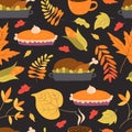 Seamless pattern with turkey, pumpkin pie and autumn foliage Royalty Free Stock Photo