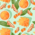 Seamless pattern with turmeric whole and sliced