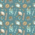 Seamless pattern on turquoise background made of hand drawn illustration of vintage brush, mirror, jeweled pin, crystal jar Royalty Free Stock Photo