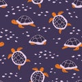 Seamless pattern with turtles and shoals of fish. Print for textile, wallpaper, covers, surface. For fashion fabric. Retro