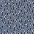 Seamless pattern twig of a willow. Vector. Plant on an isolated gray background. The idea for the cover, Wallpaper, walls. Easter