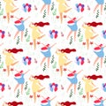 Seamless Pattern with Two Cartoon Women on Nature