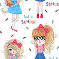 Seamless pattern with two hand drawn beautiful cute schoolgirls with backpacks and inscription Back to School.