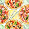 Watercolor seamless pattern with pizzas, napkins and tableware