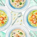 Watercolor seamless pattern with soups, napkins and tableware