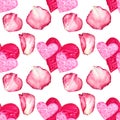 Seamless pattern two red heart and pink watercolor rose petal on white background. Hand-drawn marker naive art. Ornate Royalty Free Stock Photo