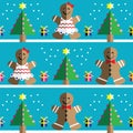 Seamless pattern with two shades gingerbread man and gingerbread woman, snow, geometrical Christmas trees with lights and babbles
