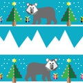 Seamless pattern with two shades polar bears, snow, geometrical Christmas trees with lights and baubles Christmas gifts Royalty Free Stock Photo