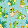 Seamless pattern tyrannosaurus and cub in egg vector