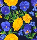 Seamless vector botanical pattern. Yellow and blue flowers on a dark background. Royalty Free Stock Photo