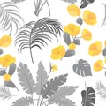 Seamless pattern of ultimate gray tropical leaves of palm tree and illuminating yellow flowers