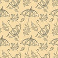 Seamless pattern. Umbrellas and falling autumn oak and maple leaves Vector illustration in Line style Royalty Free Stock Photo