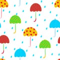 Seamless pattern. Umbrellas and rain on a white background. Flat vector.