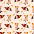 Seamless pattern, umbrellas, rubber boots with autumn leaves and rowan. Print, background vector