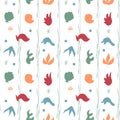 Seamless pattern with undersea inhabitants and abstract spots. Vector.