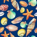 Seamless pattern with underwater life objects, on dark blue background. Marine design-shell, sea star. Watercolor hand d Royalty Free Stock Photo