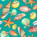 Seamless pattern with underwater life objects, isolated on turquoise background. Marine design-shell, sea star. Watercolor hand d