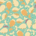 Seamless pattern with underwater ocean animals, cute whales