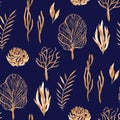 Seamless pattern with underwater plants, corals and leaves in golden watercolor. Royalty Free Stock Photo