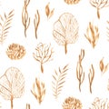 Seamless pattern with underwater plants, corals and leaves in golden watercolor. Royalty Free Stock Photo