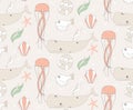 Seamless pattern with underwater scene, fish, whale, jelly fish