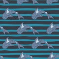 Seamless pattern with underwater wild whale sharks ornament. Blue tones striped background