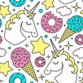 Seamless pattern with unicorn, clouds, stars, ice cream, donuts. Vector cartoon style character Royalty Free Stock Photo