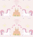 Seamless Pattern - unicorn, crown, stars, diamonds and castle