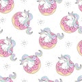 Seamless pattern with unicorn and donuts. Wrapping paper or fabric. Texture for menu, booklet, banner, website. Vector Royalty Free Stock Photo