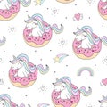 Seamless pattern with unicorn and donuts. Wrapping paper or fabric. Texture for menu, booklet, banner, website. Vector Royalty Free Stock Photo