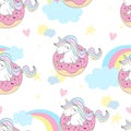 Seamless pattern with unicorn and donuts. Wrapping paper or fabric. Texture for menu, booklet, banner, website. Vector Royalty Free Stock Photo
