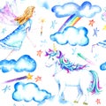 Seamless pattern of a unicorn,fairy,stars,clouds and rainbow.